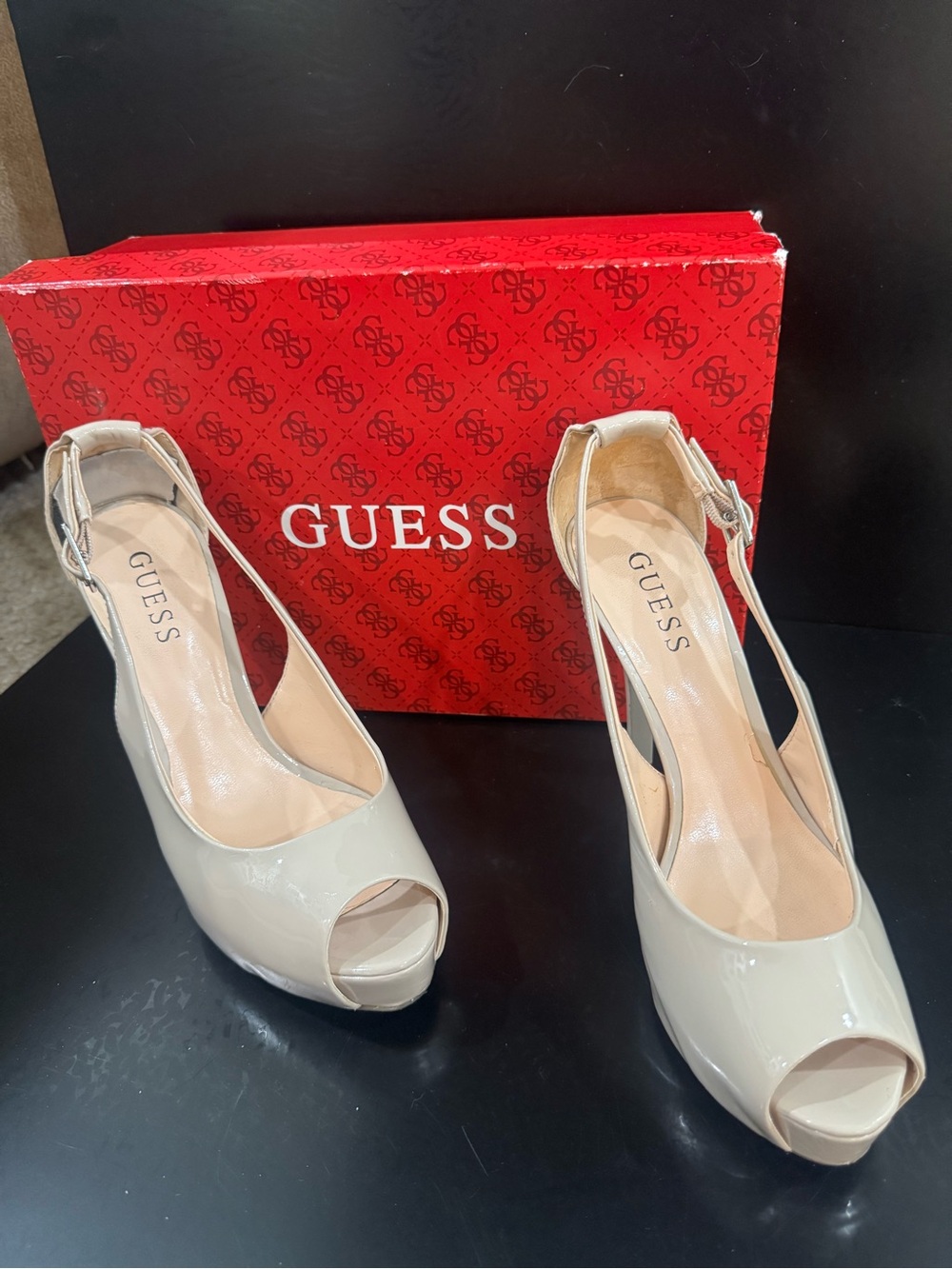 GUESS Nude Patent Peep-Toe Slingback Heels